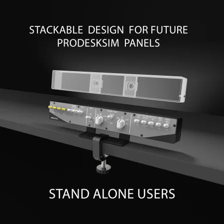 3D render of a Prodesksim Stand Alone B737 Engine Start/APU/Lights Overhead panel clamped to a desk, with a transparent outline above showing stackable design for future Prodesksim panels. Text reads: "Stackable design for future Prodesksim panels.