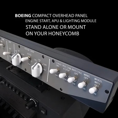 The Prodesksim Stand Alone B737 Lights / Start Panel features labeled controls and white switches for flight simulation, designed for USB-C engine start, APU, and lighting functions. Compatible with Honeycomb mounting. Brand: Prodesksim.
