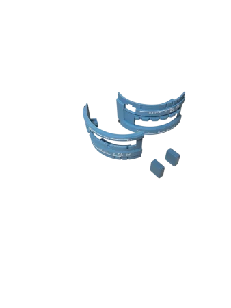Two blue plastic dental impression trays and two small blue blocks are arranged on a white background, echoing the organized style of the Prodesksim NEW! Airbus A319-A321 Advanced addon for the Honeycomb Bravo throttle quadrant.