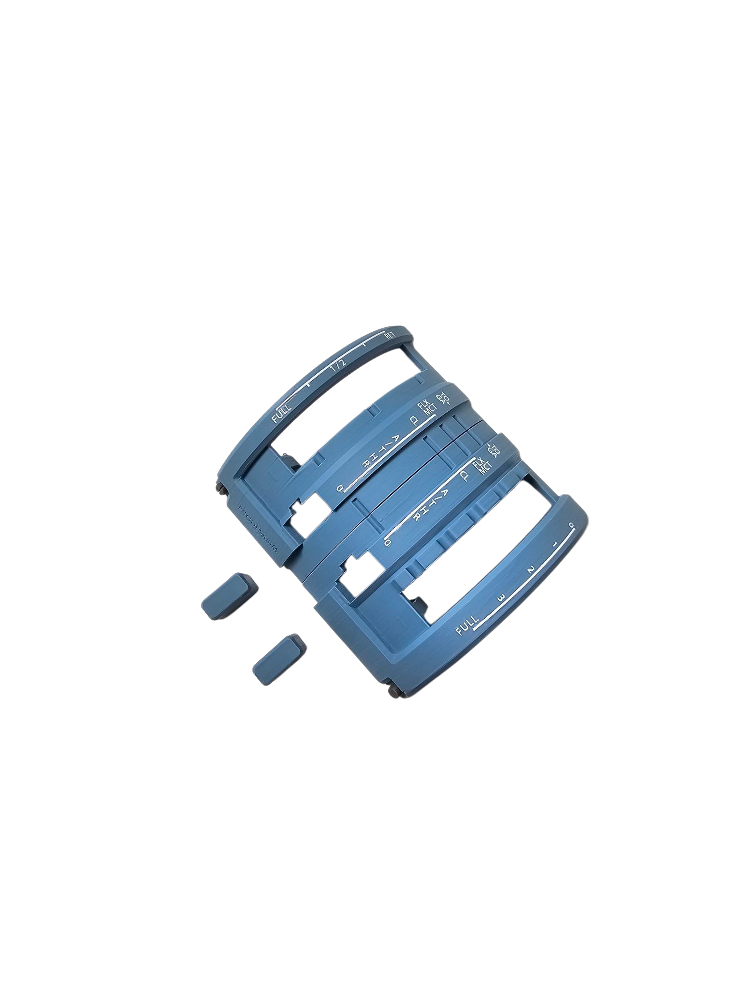 Shown disassembled on a plain background, the NEW! ProDeskSim Airbus A319-A321 Advanced addon/mod package for the Honeycomb Bravo throttle quadrant features several main and accessory parts in a modular design by Prodesksim.