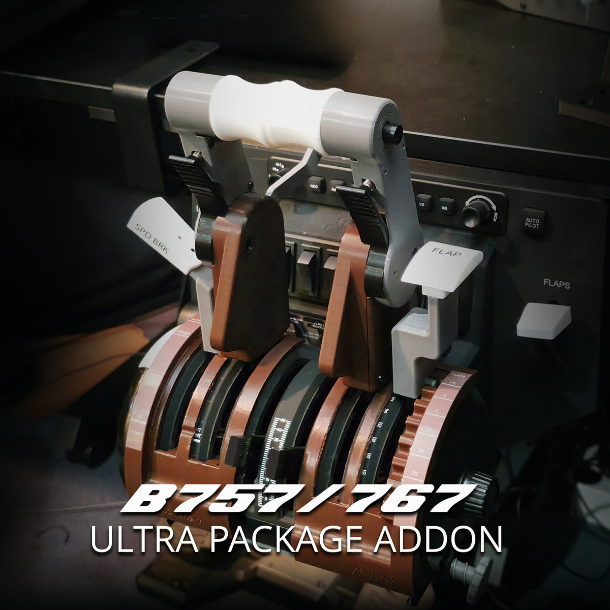 NEW! ProDeskSim Boeing 757/767 Ultra Throttle addon Package featuring a Boeing aircraft throttle quadrant with speed brake and flap levers.