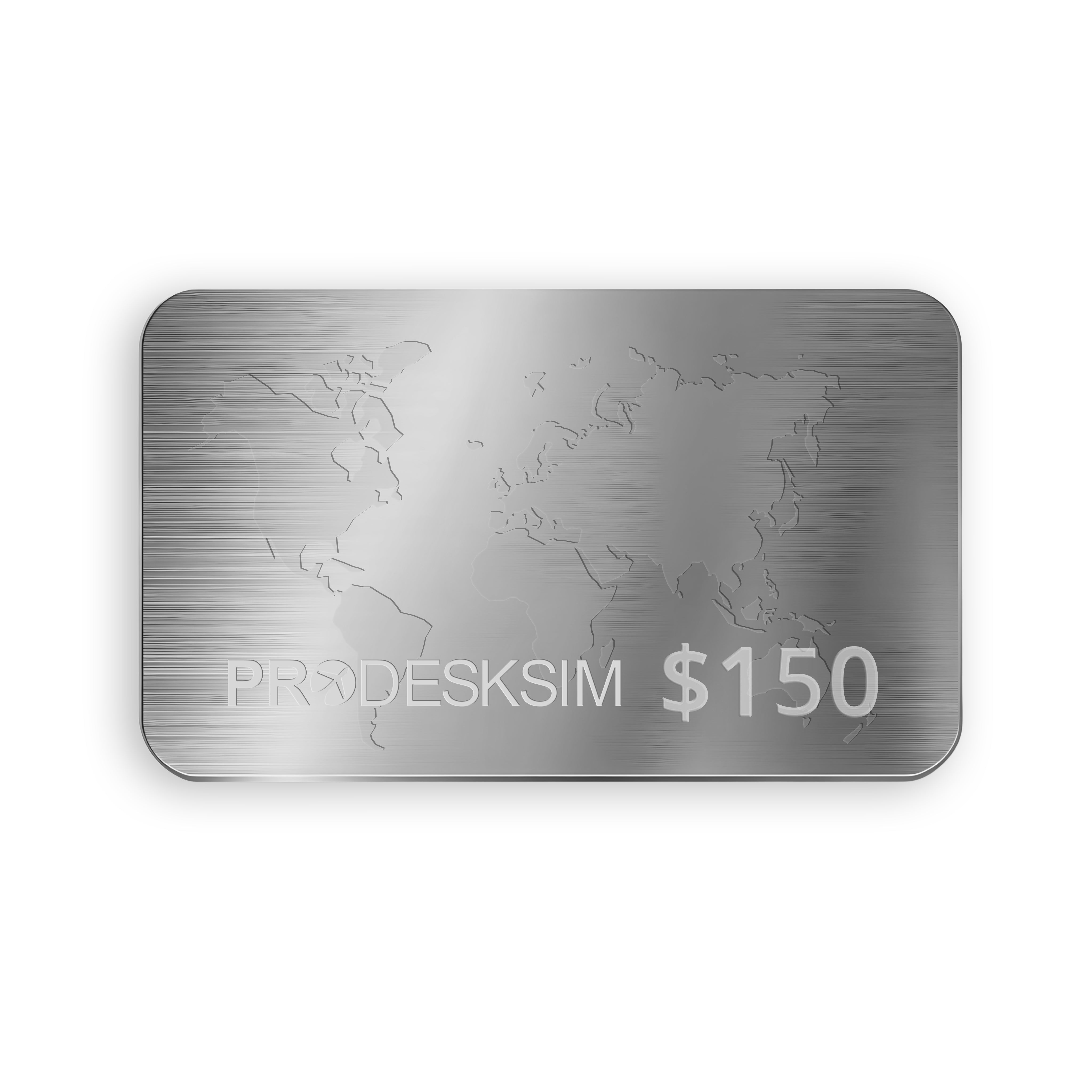 The Silver Gift Card from Prodesksim, featuring an elegant world map design, is the perfect choice for travelers. An elegant engraving of "PRODESKSIM $150" at the bottom makes it an ideal gift for travel enthusiasts. Delivered instantly and ready to use, this card gives the gift of flight.