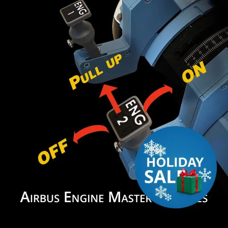 Close-up of Prodesksim Airbus Starter Switches with spring-loaded lock guard, labeled "ENG 1" and "ENG 2," arrows showing OFF to ON movement with a "PULL UP" step—perfect for flight simulators. Text: Airbus Starter Switches.