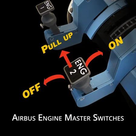 Close-up of Prodesksim Airbus Starter Switches with spring-loaded lock guard, labeled "ENG 1" and "ENG 2," arrows showing OFF to ON movement with a "PULL UP" step—perfect for flight simulators. Text: Airbus Starter Switches.