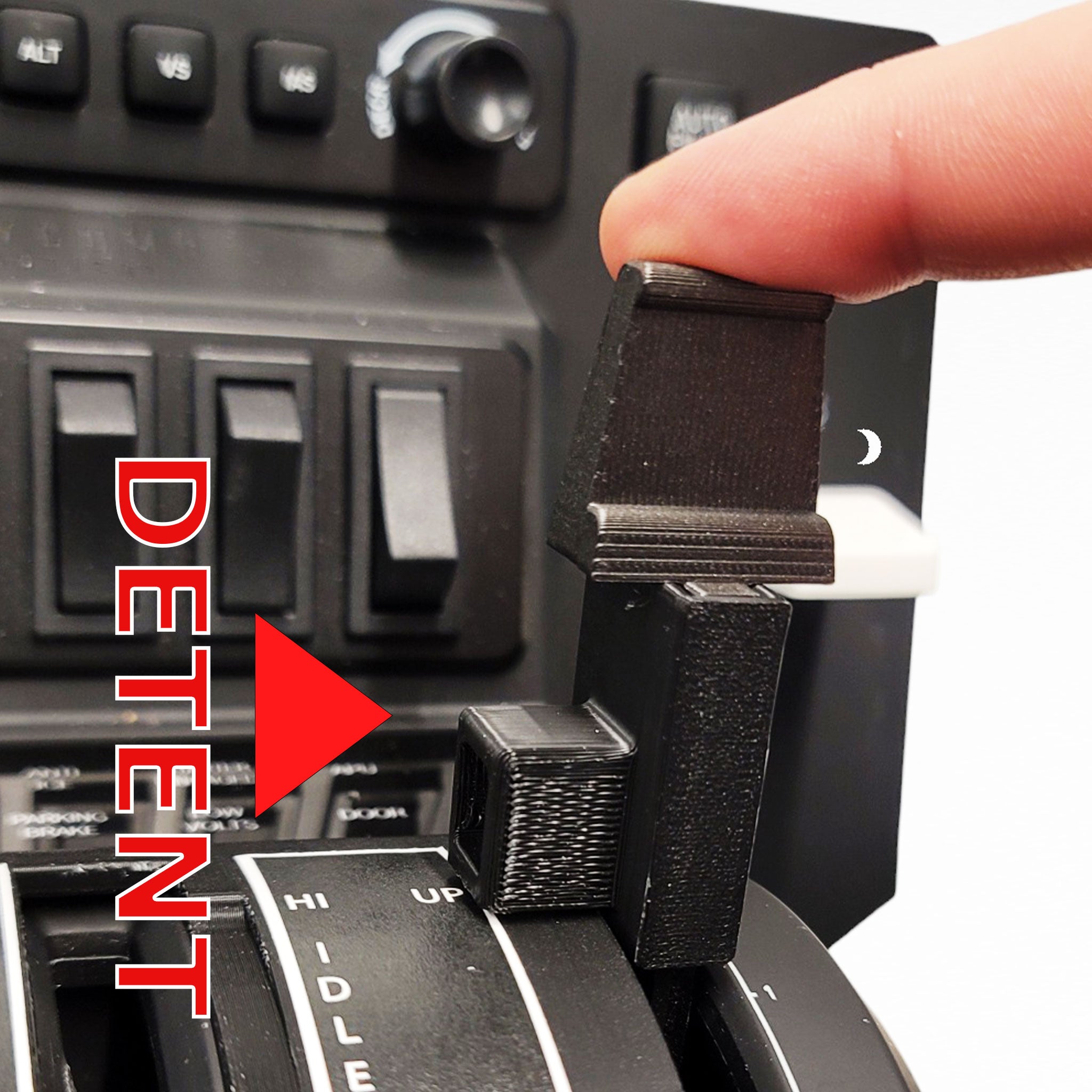 In a close-up shot, a person adjusts the ProDeskSim TBM 850 V2 throttle quadrant mod addon for the Honeycomb Bravo in a cockpit simulator. The lever, marked "DETENT" in red, is set against a black control panel filled with switches and dials, capturing the essence of immersive flight simulation.