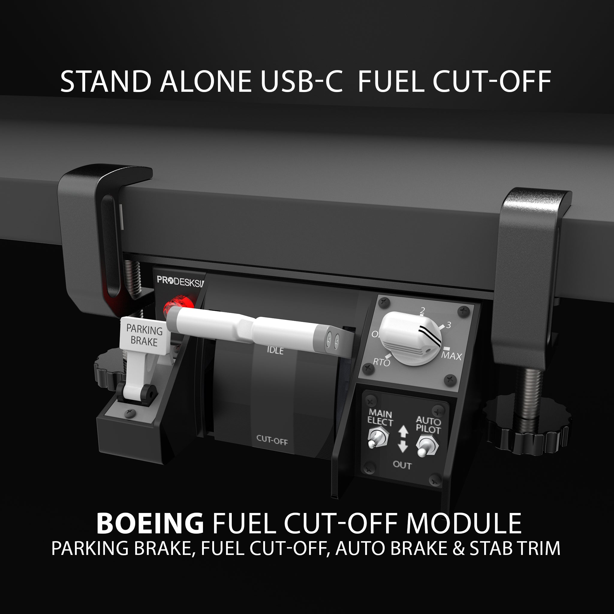 Experience the Prodesksim Stand Alone B737, B757/767, B777, B787 Fuel Cut-off/Auto Brake/Parking Brake/Stab Trim Panel—a detailed module with labeled switches and levers, ideal for any home cockpit setup.
