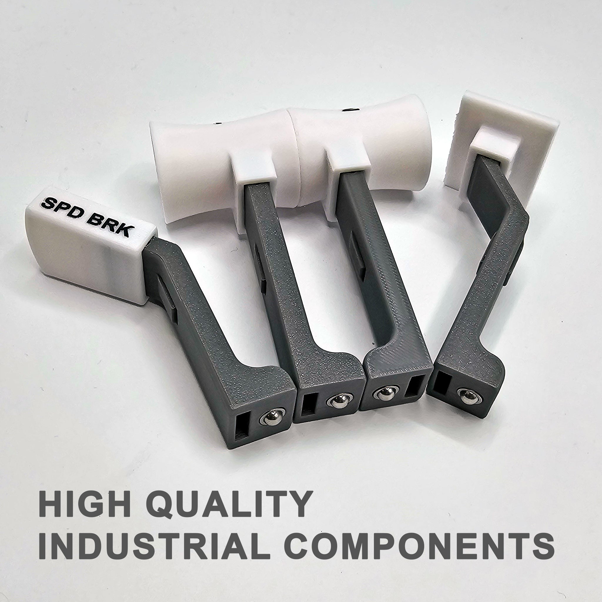 Four industrial components in gray and white, labeled "SPD BRK," arranged in an L-shape on a white background. Text overlay reads "High Quality Industrial Components" perfect for flight simulation enthusiasts and suitable for the Boeing 737 Functional Addon from Prodesksim for the Turtle Beach Velocity One.