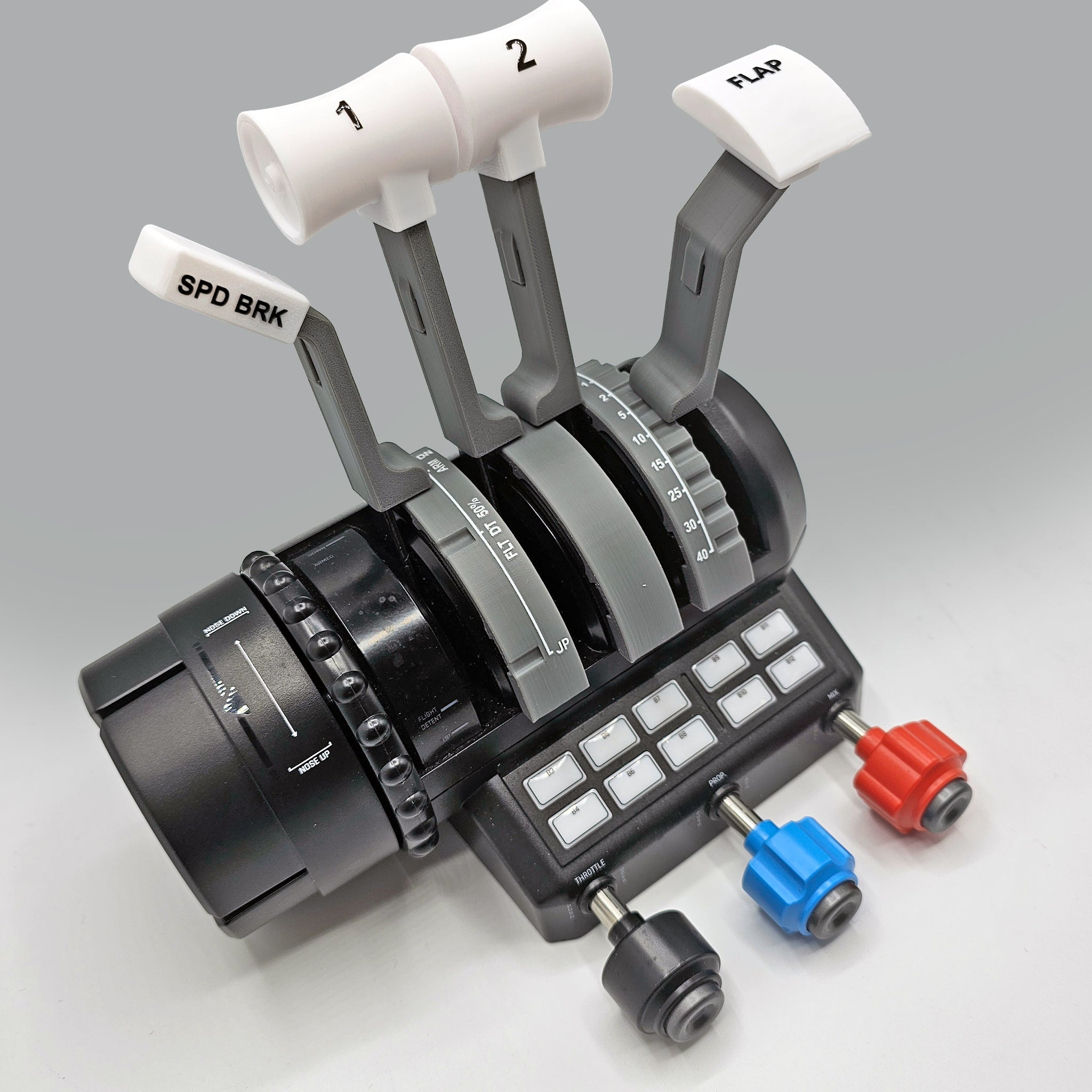 A detailed view of the Prodesksim Boeing 737 Functional Addon for the Turtle Beach Velocity One throttle quadrant. It includes three levers labeled "1," "2," and "FLAP," with a "SPD BRK" marking on the side. Below are eight toggle switches and three red, blue, and black knobs—an ideal addition for simulating a Boeing 737 experience.
