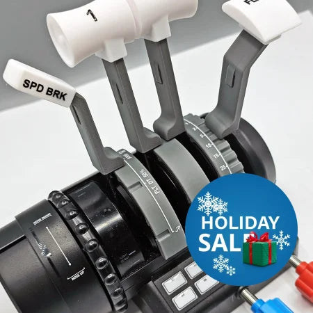 Experience an enhanced Boeing 737 Addon with a close-up of the Prodesksim throttle quadrant featuring several levers labeled "SPD BRK," "FLAPS," and throttle settings, all designed for use with the Turtle Beach Velocity One. Below, discover control buttons and switches on a sleek black and gray curved panel, ideal for immersive flight simulation.