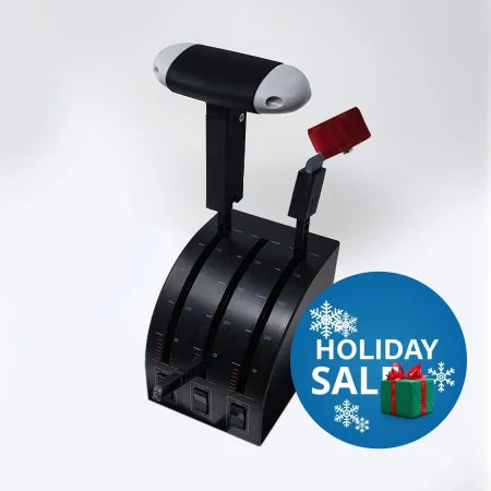 A Prodesksim Cirrus SR20/22/Vision Jet throttle and mixture combo for the Saitek/Logitech throttle quadrant, featuring three levers including a striking red lever and a white-tipped one, ideal for flight simulation enthusiasts, is showcased on a pristine white background.