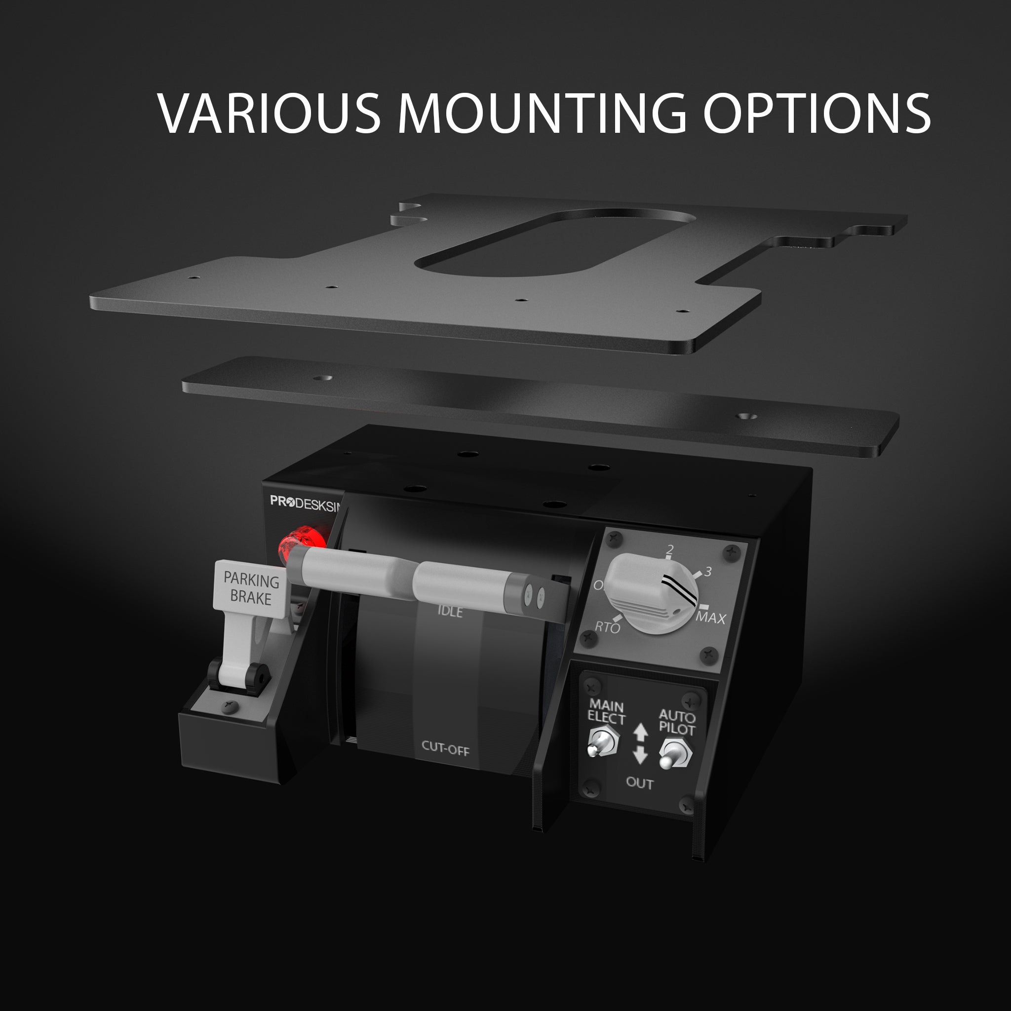 The Prodesksim Stand Alone B737 Fuel Cut-off/Parking Brake/Stab Trim Panel features labeled levers and switches with a mounting plate above—perfect for your home cockpit. Text reads "Various Mounting Options." Brand: Prodesksim.
