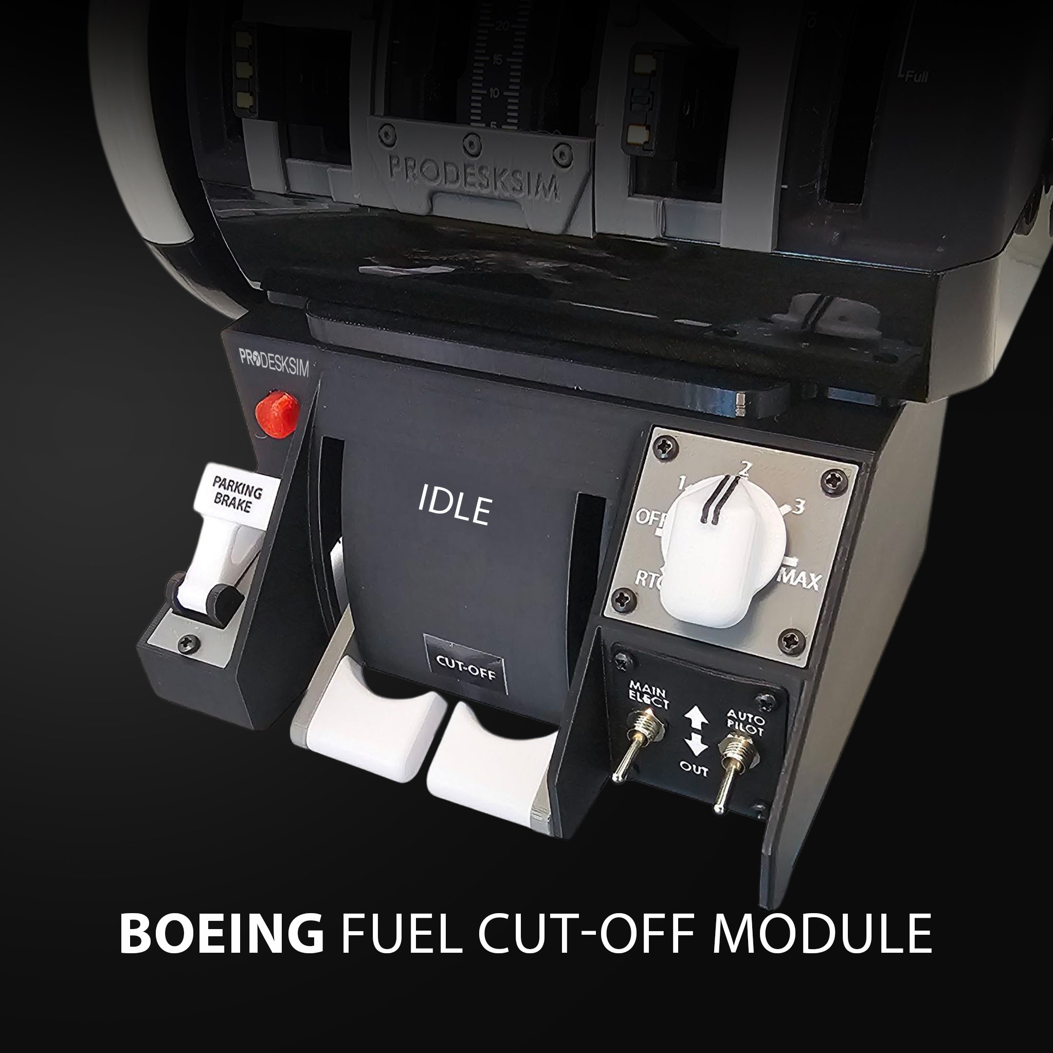 Close-up of the NEW! Prodesksim Stand Alone B737 Fuel Cut-off/Parking Brake/Stab Trim Panel, featuring labeled switches and levers. Perfect for home cockpit setups, with the Prodesksim brand name clearly shown.