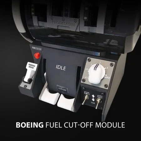 Close-up of the NEW! Prodesksim Stand Alone B737 Fuel Cut-off/Parking Brake/Stab Trim Panel, featuring labeled switches and levers. Perfect for home cockpit setups, with the Prodesksim brand name clearly shown.