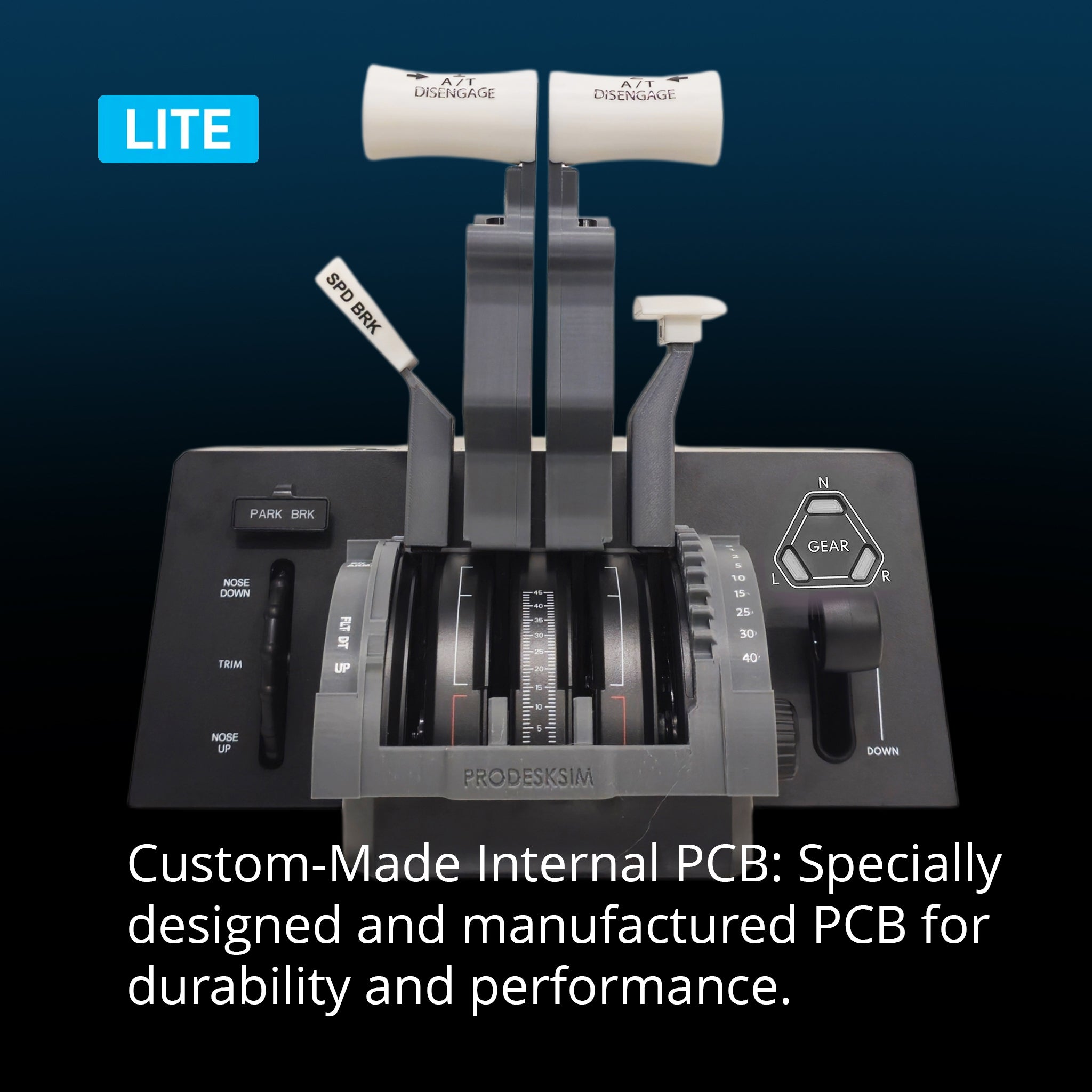 A close-up of the Prodesksim New! first and only ProDeskSim Boeing 737 Lite for the Bravo Lite throttle quadrant, showing labeled levers and switches, plus a custom PCB for durability—perfect as a Honeycomb Bravo Lite addon.