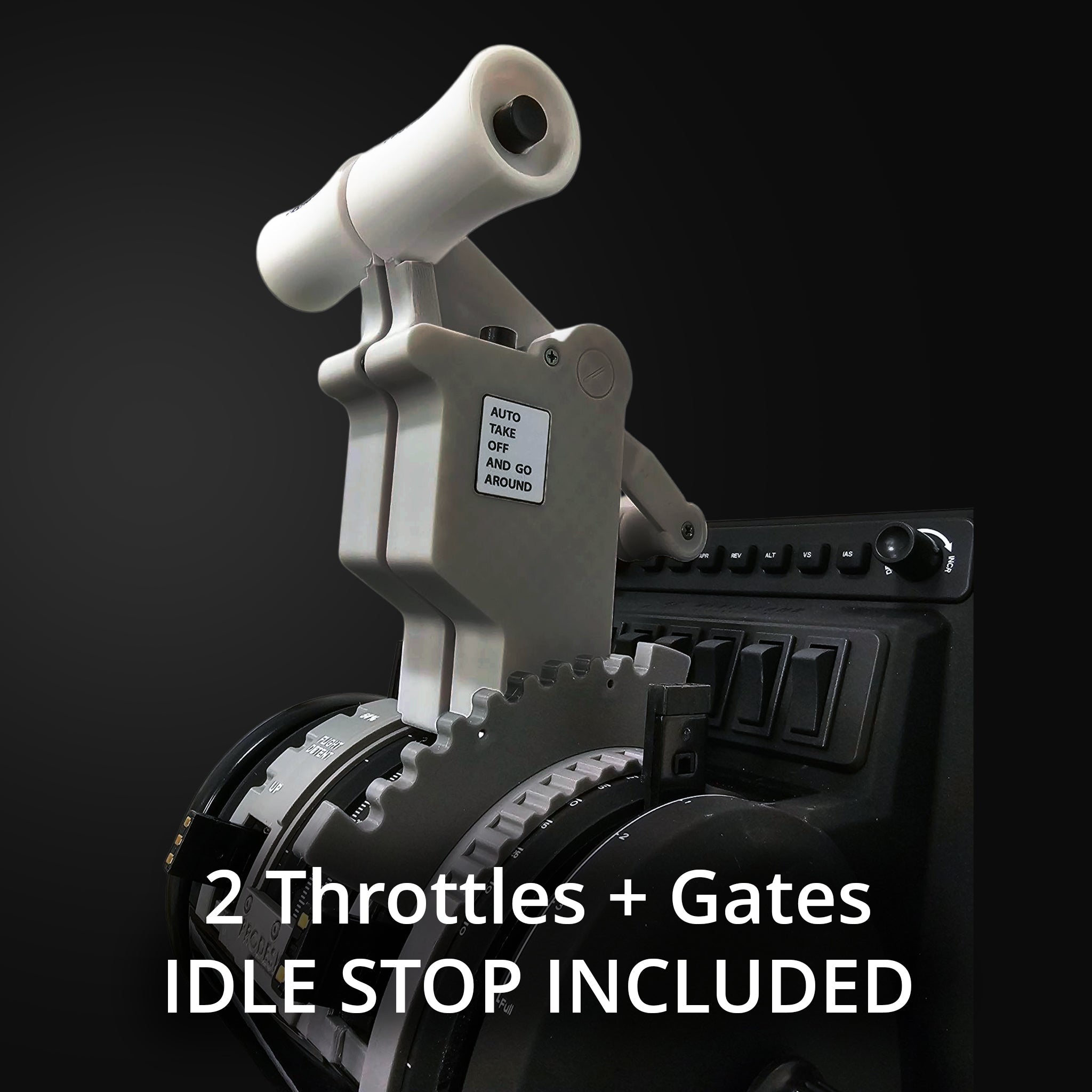Close-up of the Prodesksim New ProDeskSim 737 Ultra Full Package Addon throttle quadrant for flight simulators, featuring two throttles with gates and an idle stop. Compatible with Honeycomb Bravo. Text: "2 Throttles + Gates. IDLE STOP INCLUDED.