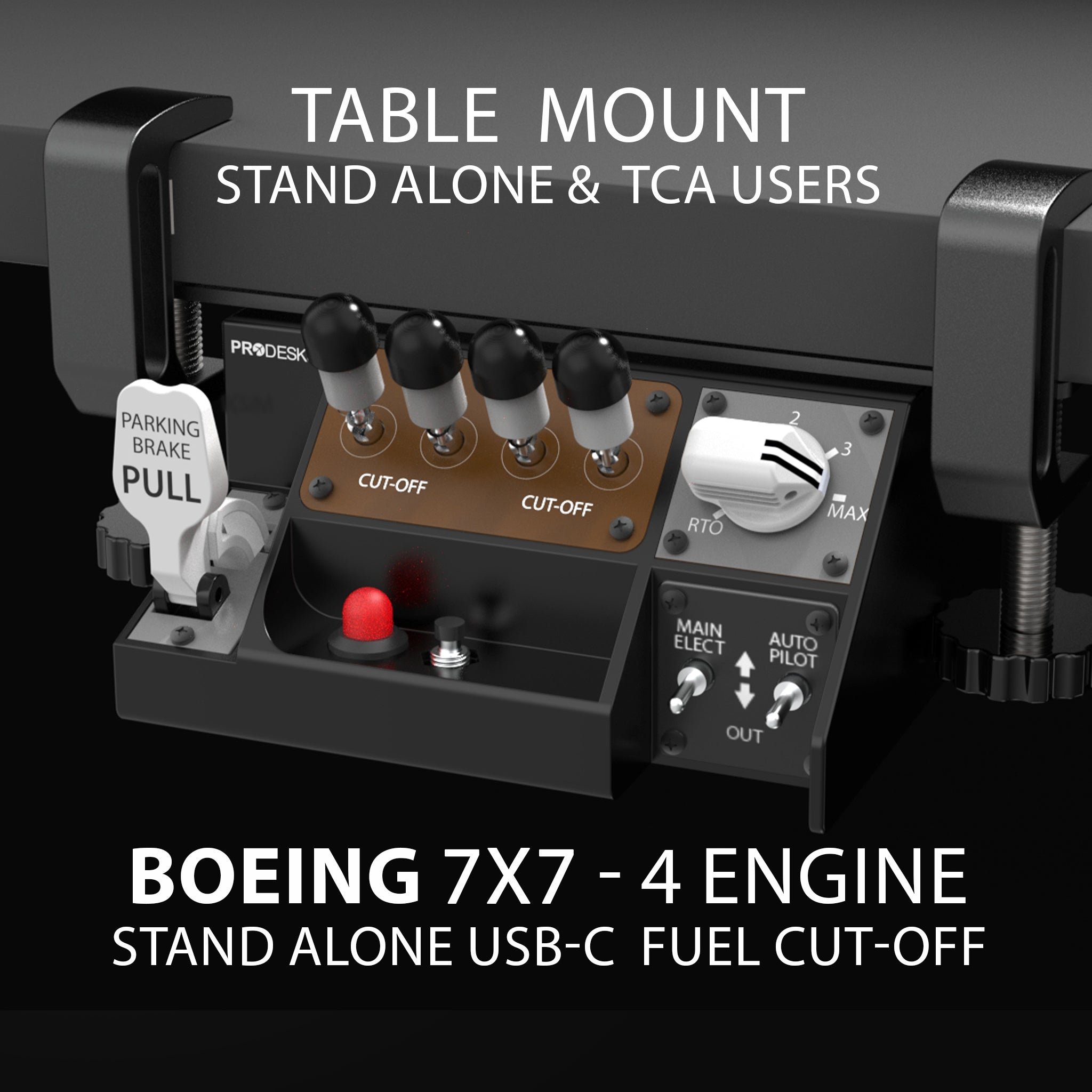 Close-up of the Prodesksim Stand Alone B7X7 panel for home cockpits, featuring 4-engine fuel cut-off (USB-C), auto brake, parking brake handle, starter switches, stab trim, and labeled autopilot buttons.