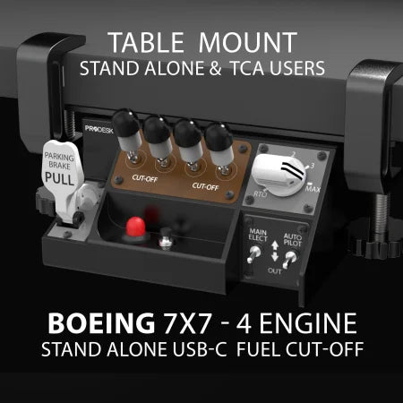 Close-up of the Prodesksim Stand Alone B7X7 panel for home cockpits, featuring 4-engine fuel cut-off (USB-C), auto brake, parking brake handle, starter switches, stab trim, and labeled autopilot buttons.