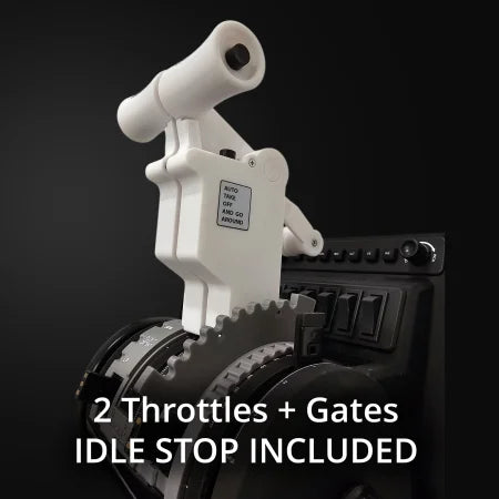 A dual throttle quadrant with labeled gates and white idle stop lever on black. Ideal Prodesksim New B737 Ultra / B737 Full Package Addon for MSFS 2020/2024. Text: "2 Throttles + Gates. IDLE STOP INCLUDED.