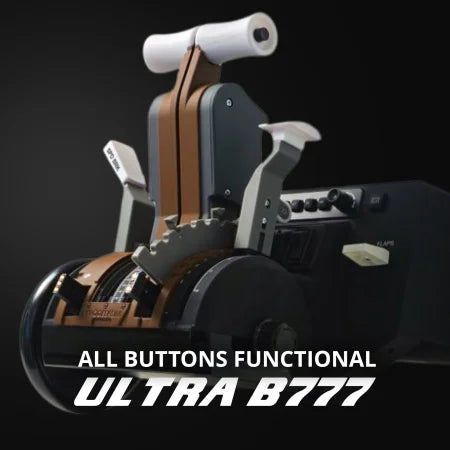 The Prodesksim New B777 Ultra Addon/Throttle Pack for Honeycomb Bravo is shown against a dark background, featuring bold white text: "ALL BUTTONS FUNCTIONAL ULTRA B777.