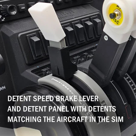 A close-up of the Prodesksim NEW! BAE-146/Avro RJ Advanced Throttle Pack for the Honeycomb Bravo flight simulator highlights realistic throttle levers, with labeled speed brake levers and a detent panel. The vertically positioned white and black levers have markings that indicate alignment with aircraft settings, and text is superimposed.