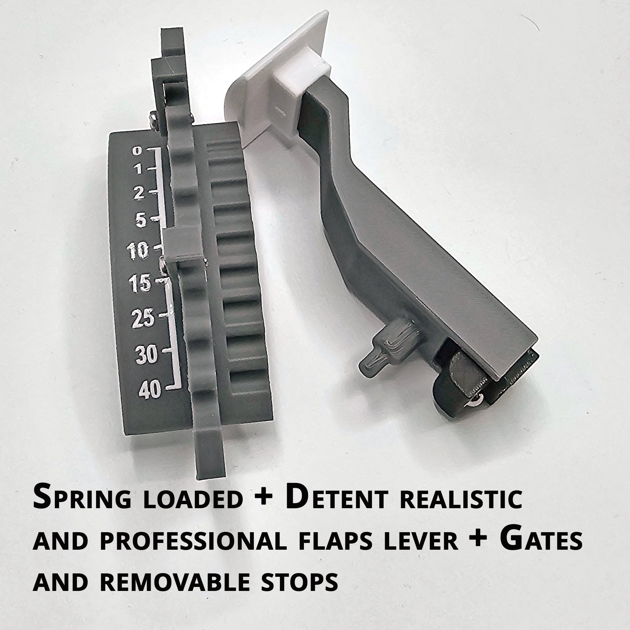 Introducing the Prodesksim Boeing 737 Spring Loaded + Detent Realistic and Professional Flaps Lever. This black and white lever, featuring a numbered gauge from 0 to 40, showcases a realistic flap design reminiscent of Boeing 737 flaps. It includes gates and removable stops, making it an ideal choice for flight simulation enthusiasts using the Honeycomb Bravo. Bold text highlights its features against a plain background.