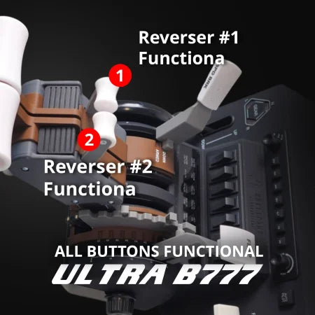 Close-up of the Prodesksim B777 Ultra Addon/Throttle Pack for Honeycomb Bravo, showing labeled "Reverser #1" and "Reverser #2" levers. All buttons are functional.