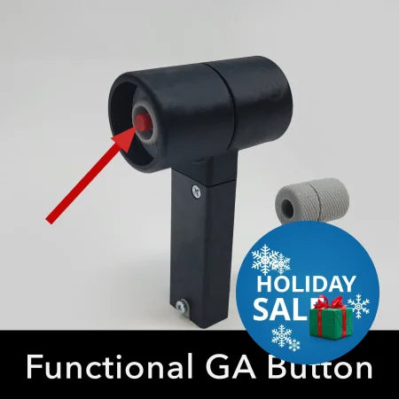 A black cylindrical device labeled "Honeycomb Bravo Diamond DA40 NG throttle lever," featuring a red arrow pointing to the Functional GA button inside the cylinder, resembles the smooth control of a throttle lever. Next to it sits a smaller gray version, much like the streamlined design seen in aviation equipment such as the Diamond DA40 NG. This setup includes both a Functional GA button and Parking Brake Lever for Honeycomb Bravo FS2020, Xplane, and p3d by Prodesksim.