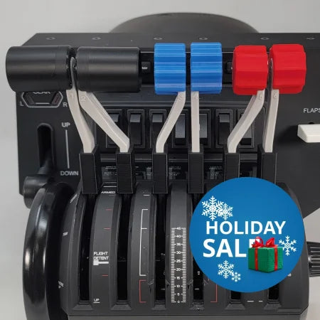 Close-up of an aircraft throttle quadrant featuring the Prodesksim Honeycomb Bravo G58 Baron Twin Engine Piston realistic throttle, fuel mixture, and prop pitch handles set. The black levers are adorned with red and blue handles, labeled for flight and engine controls against a dark control panel backdrop—perfect for upgrading your flight simulation experience.