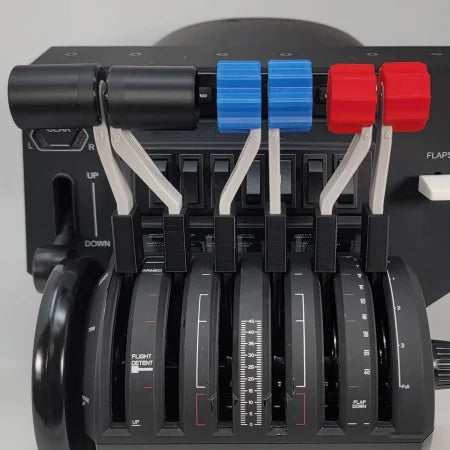 Close-up of an aircraft throttle quadrant featuring the Prodesksim Honeycomb Bravo G58 Baron Twin Engine Piston realistic throttle, fuel mixture, and prop pitch handles set. The black levers are adorned with red and blue handles, labeled for flight and engine controls against a dark control panel backdrop—perfect for upgrading your flight simulation experience.
