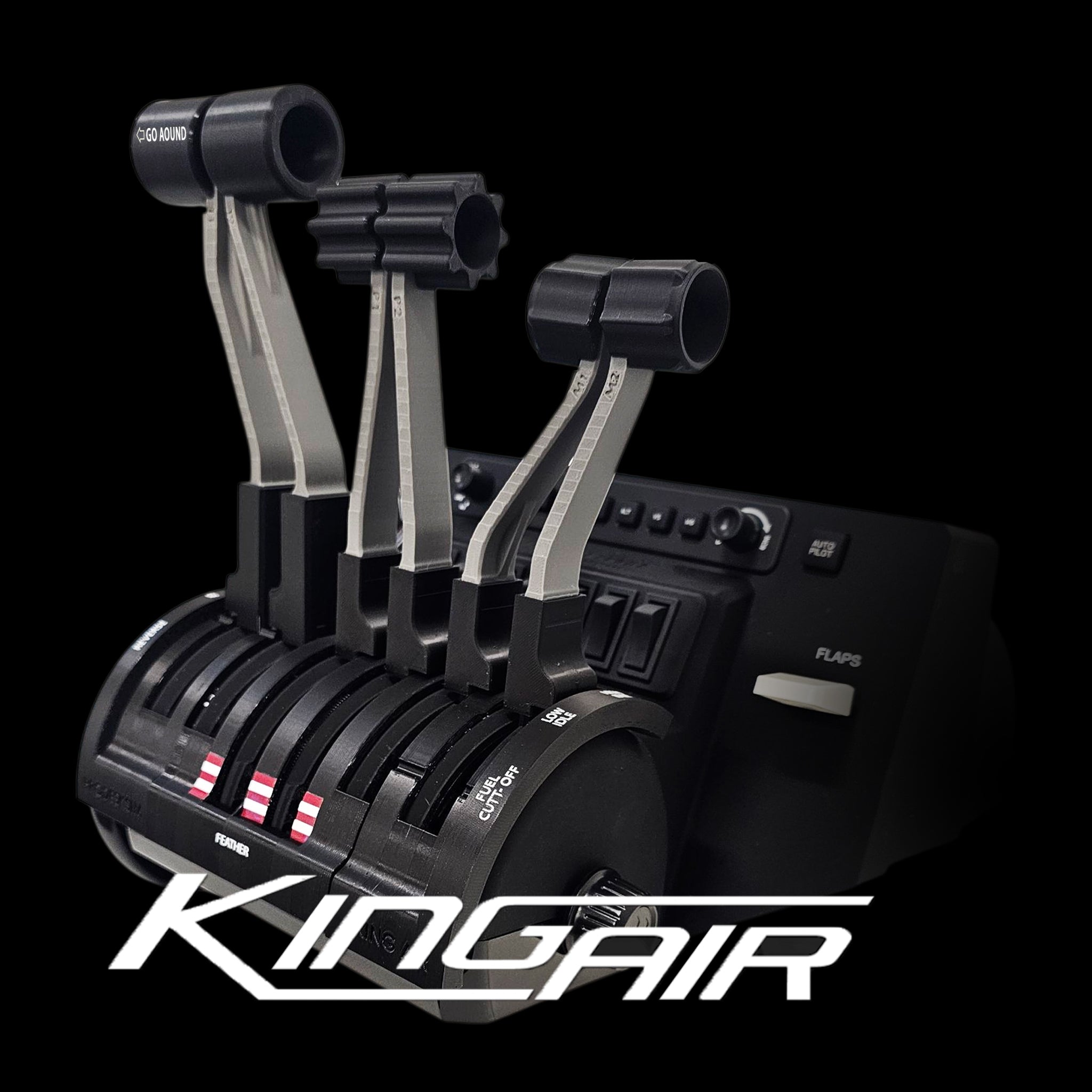 The Prodesksim Beechcraft King Air Advanced Addon/Throttle Pack for Honeycomb Bravo shows multiple labeled levers and controls for a King Air simulator, set against a black background with the "King Air" logo displayed at the bottom.