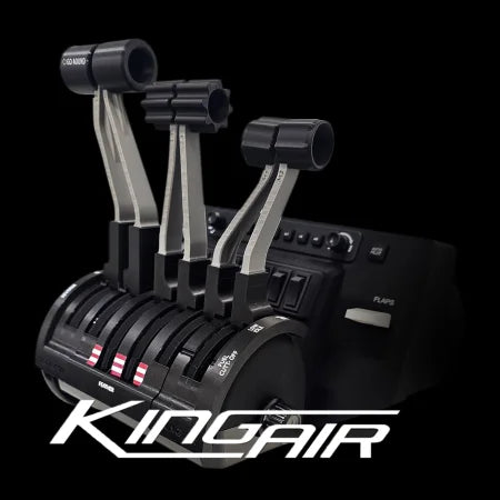 The Prodesksim Beechcraft King Air Advanced Addon/Throttle Pack for Honeycomb Bravo shows multiple labeled levers and controls for a King Air simulator, set against a black background with the "King Air" logo displayed at the bottom.