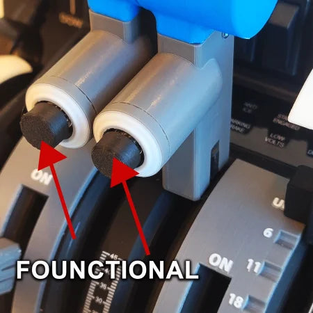 Close-up of a mechanical device featuring two gray cylindrical components highlighted by red arrows, with the word "FUNCTIONAL" in white text. The NEW! ProDeskSim Fokker 28 Add-On for the Honeycomb Bravo throttle quadrant is designed to seamlessly enhance performance. It includes six levers, detent flaps, and two functional buttons.