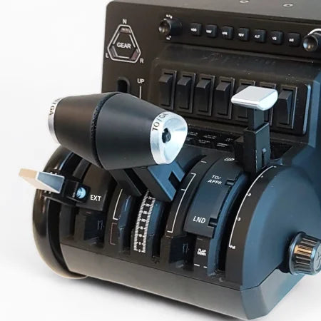 Close-up of the Prodesksim HA-420 HondaJet Throttle Lever Set for Honeycomb Bravo, featuring a variety of throttle levers and functional GA buttons. This sleek black device enhances your flight simulation experience with intricately marked flaps and speed brake detents, accented by silver detailing.