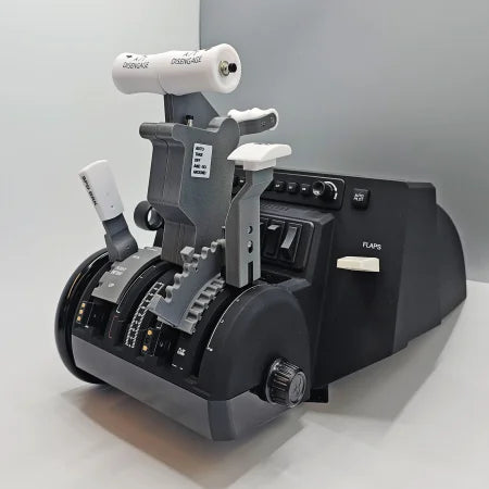 The ProDeskSim Boeing 737 Advanced Full Package Addon/Modification for the Honeycomb Bravo throttle quadrant by Prodesksim offers an immersive flight simulation experience. It features clearly labeled levers and switches, with throttle handles marked "Auto Throttle Disengage," making it perfect for a Boeing 737 addon. A white background enhances the intricate details of the black and gray quadrant control panel.