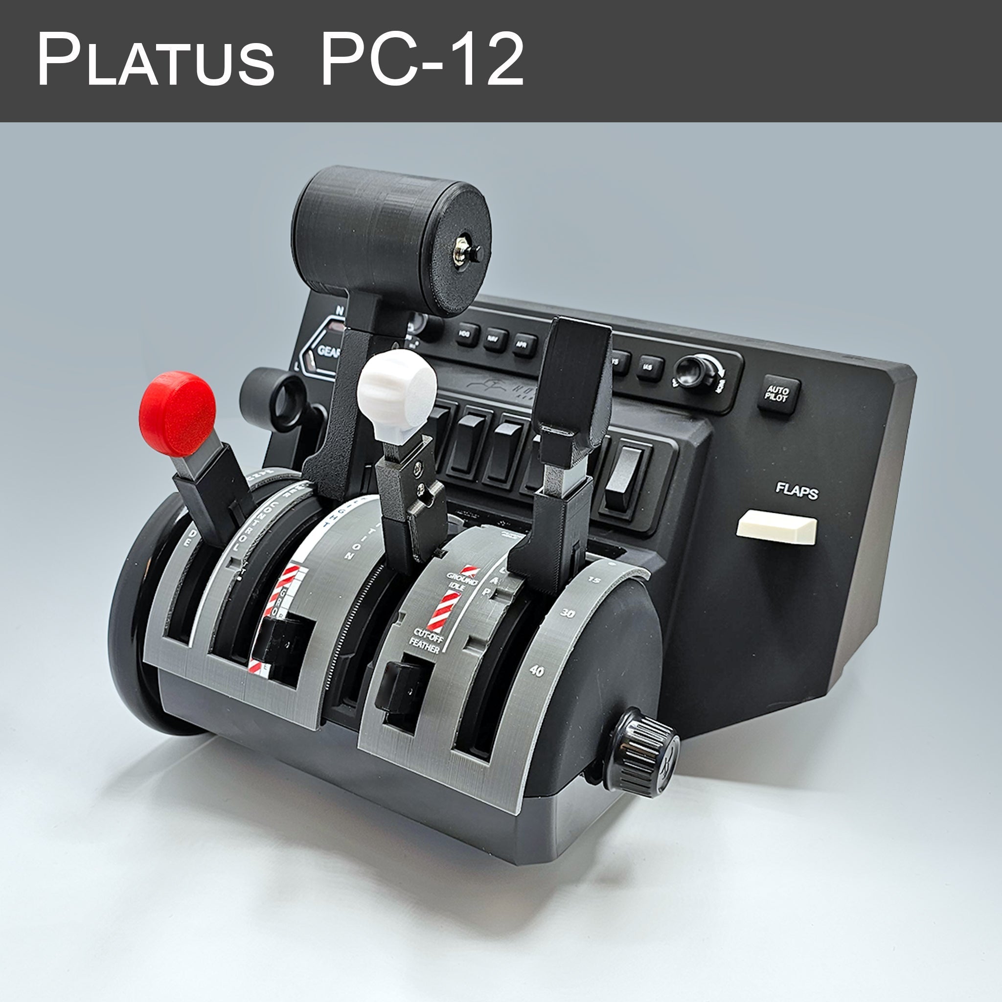 Introducing the NEW ProDeskSim Pilatus PC-12 Addon/Mod package for the Honeycomb Bravo Throttle Quadrant. Designed by Prodesksim for flight simulation enthusiasts, this addon perfectly replicates the controls of a Pilatus PC-12. It includes four levers with red, white, and black handles, along with various switches and a flap control on a sleek grey panel.