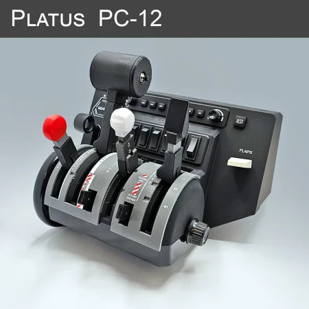 Introducing the NEW ProDeskSim Pilatus PC-12 Addon/Mod package for the Honeycomb Bravo Throttle Quadrant. Designed by Prodesksim for flight simulation enthusiasts, this addon perfectly replicates the controls of a Pilatus PC-12. It includes four levers with red, white, and black handles, along with various switches and a flap control on a sleek grey panel.