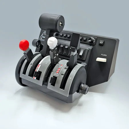 A close-up photo showcases the ProDeskSim Pilatus PC-12 Addon/Mod package, designed to perfect your flight simulation setup with the Honeycomb Bravo Throttle Quadrant. This addon features three lever controls with labeled positions, buttons, and switches, displaying red and white handles against a plain gray background.
