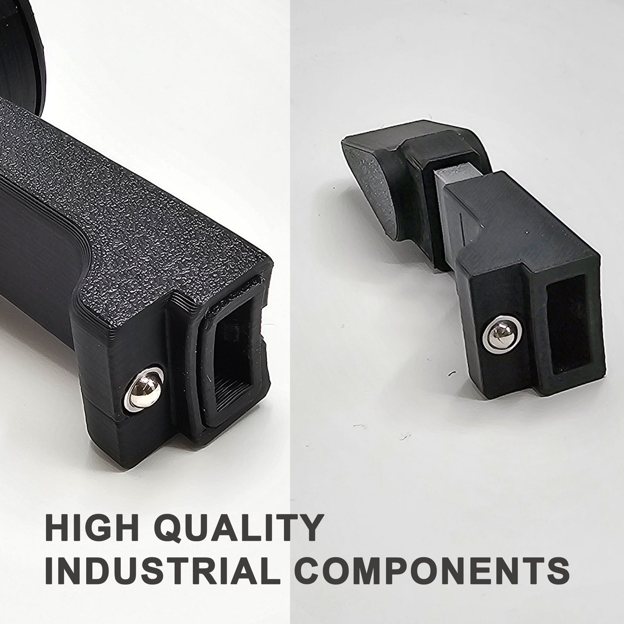 Close-up of two high-quality industrial components on a white background. Reminiscent of the ProDeskSim Pilatus PC-12 Addon/Mod package for the Honeycomb Bravo Throttle Quadrant, the component on the left features a textured black finish with a visible screw, while its counterpart on the right mirrors the sleek design found in aircraft like the Pilatus PC-12.