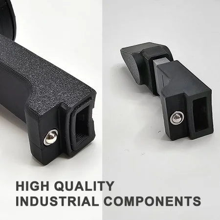 Close-up of two high-quality industrial components on a white background. Reminiscent of the ProDeskSim Pilatus PC-12 Addon/Mod package for the Honeycomb Bravo Throttle Quadrant, the component on the left features a textured black finish with a visible screw, while its counterpart on the right mirrors the sleek design found in aircraft like the Pilatus PC-12.