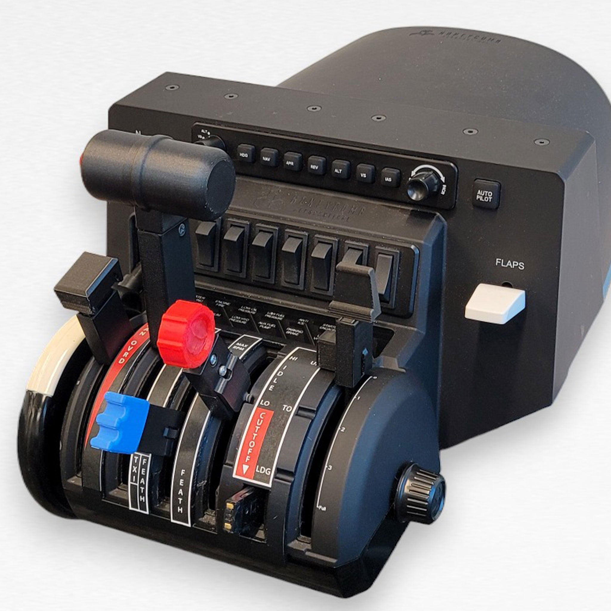 The Prodesksim NEW! ProDeskSim TBM 850 V2 throttle quadrant mod addon for the Honeycomb Bravo flight simulator includes numerous levers, switches, and buttons designed to control throttle, propeller, and mixture settings. Its sleek design is predominantly black with red and blue accents and features labeled sections for accurate operation.