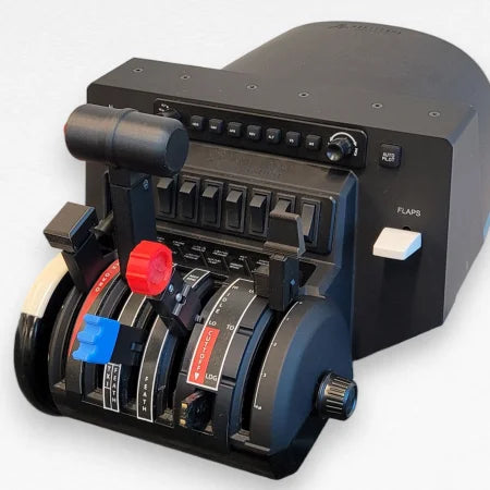 The Prodesksim NEW! ProDeskSim TBM 850 V2 throttle quadrant mod addon for the Honeycomb Bravo flight simulator includes numerous levers, switches, and buttons designed to control throttle, propeller, and mixture settings. Its sleek design is predominantly black with red and blue accents and features labeled sections for accurate operation.