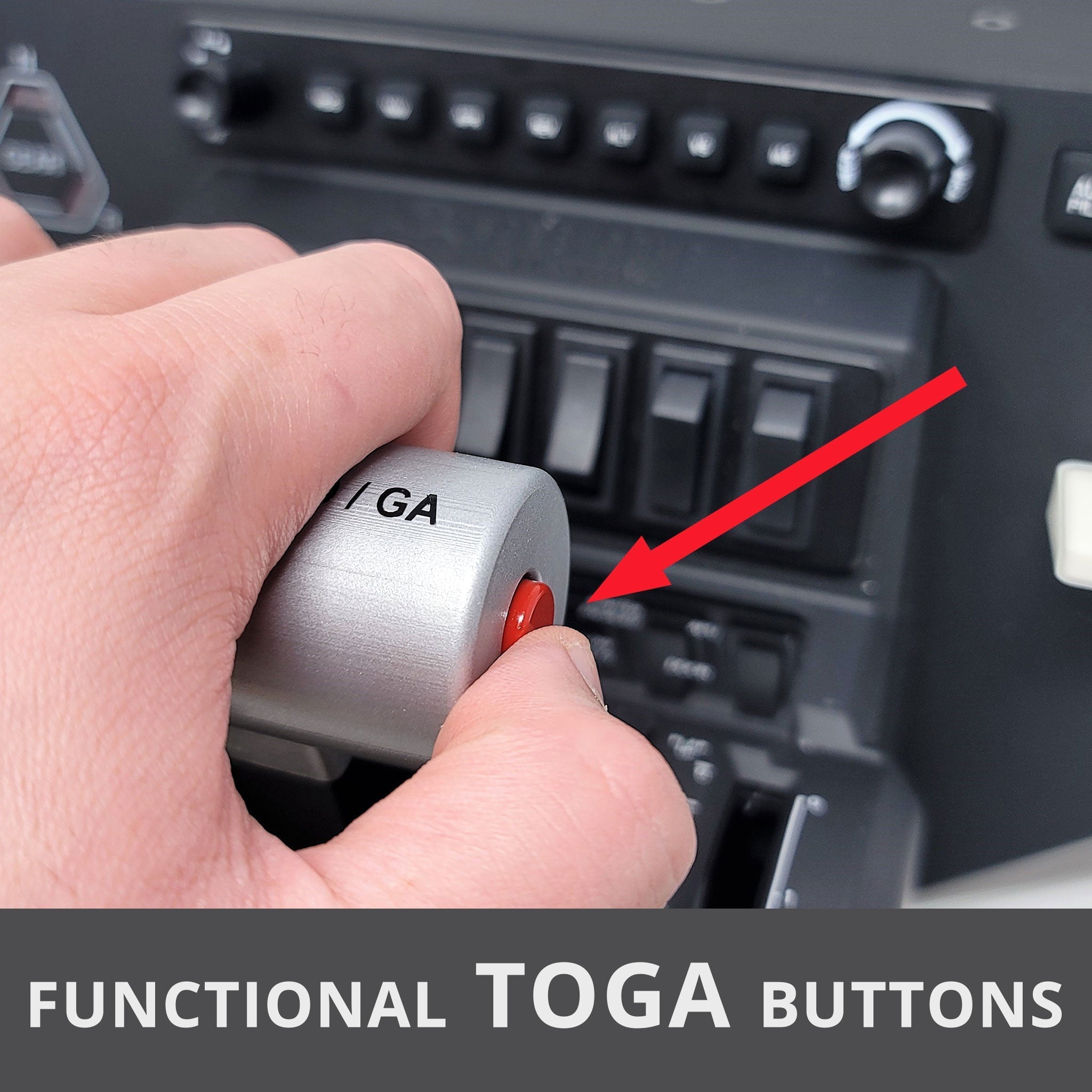 A close-up of a hand pressing the TO/GA button on the Phenom-jet-emb-100-300-premium-throttle-lever-for-honeycomb-bravo by Prodesksim, with a red arrow indicating the button. The text "FUNCTIONAL TOGA BUTTONS" appears at the bottom. The background resembles a Flight Simulator cockpit panel, showcasing elements of an aircraft's control setup.