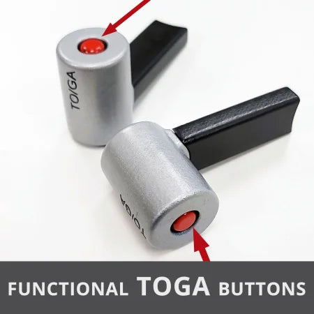 Close-up of two metallic TOGA buttons with red centers, attached to the Prodesksim Phenom-jet-emb-100-300-premium-throttle-lever-for-honeycomb-bravo. Each button features a black lever. The bottom part of the image reads "FUNCTIONAL TOGA BUTTONS" in white text on a gray background, perfect for enhancing your flight simulator setup.