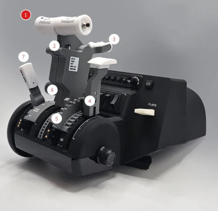 The ProDeskSim Boeing 737 Advanced Full Package Addon/Modification for the Honeycomb Bravo throttle quadrant from Prodesksim provides a comprehensive setup with black levers and switches. This package features number-marked handles including dual throttles and a flap lever, all designed to enhance your flight simulation experience. The main levers are prominently labeled with "DISENGAGE" in white lettering for ease of use.