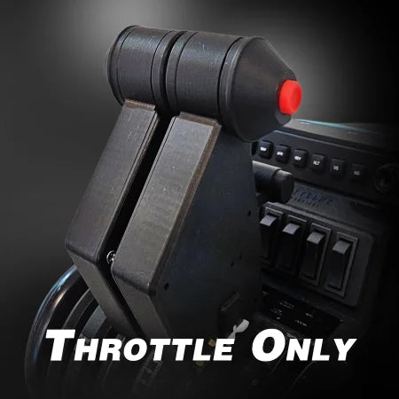 A close-up of the Prodesksim NEW! Airbus A350 Advanced addon/mod for Honeycomb Bravo shows a black dual throttle lever with a red button, set against a blurred control panel. Bold white text at the bottom reads "THROTTLE ONLY.