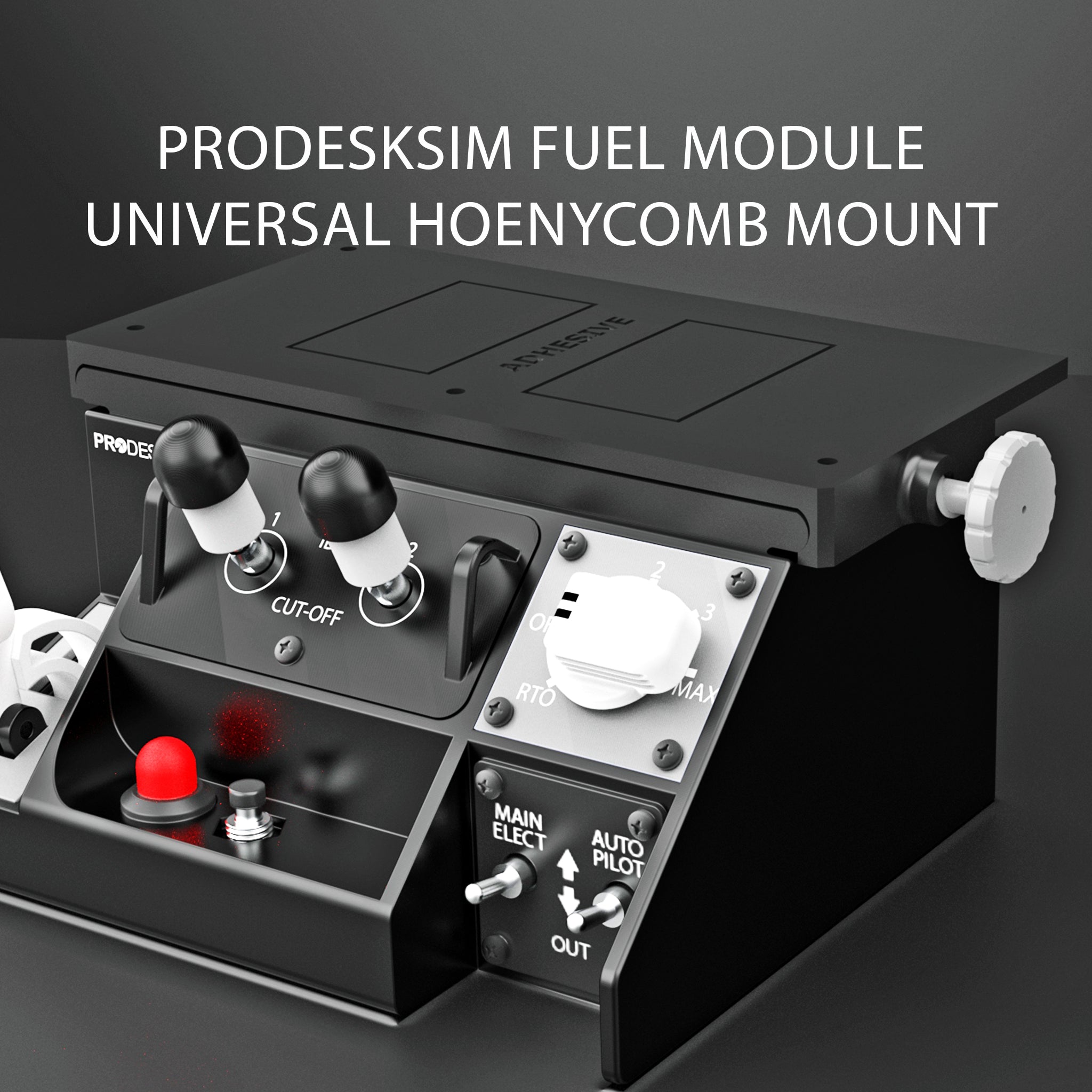 A black Prodesksim Stand Alone B737, B757/767, B777, B787 Fuel Cut-off/Auto Brake/Parking Brake/Stab Trim Panel with labeled switches and knobs. Ideal for home cockpit setups, featuring angled controls and a white mounting knob.