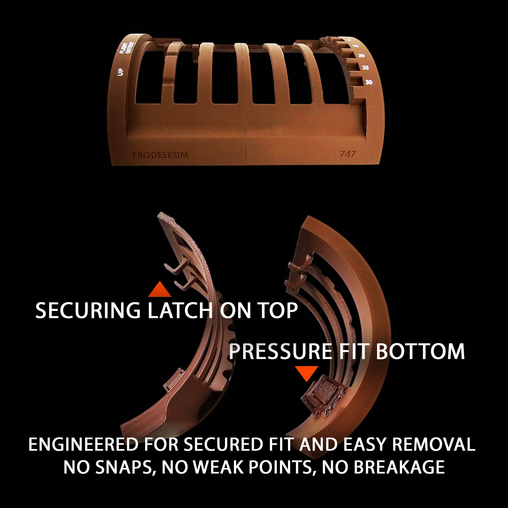 The Prodesksim NEW! ProDeskSim Queen of the Skies Boeing 747 Advanced - 4 engine - throttle addon pack for Honeycomb Bravo features a brown plastic design with curved slots, a securing latch on top, and a pressure-fit bottom for easy removal and secure fit. Labeled for user convenience, this addon—equipped with four reversers and four functional buttons—is ideal for simulating the Boeing 747 throttle quadrant without the risk of snaps or breakage.