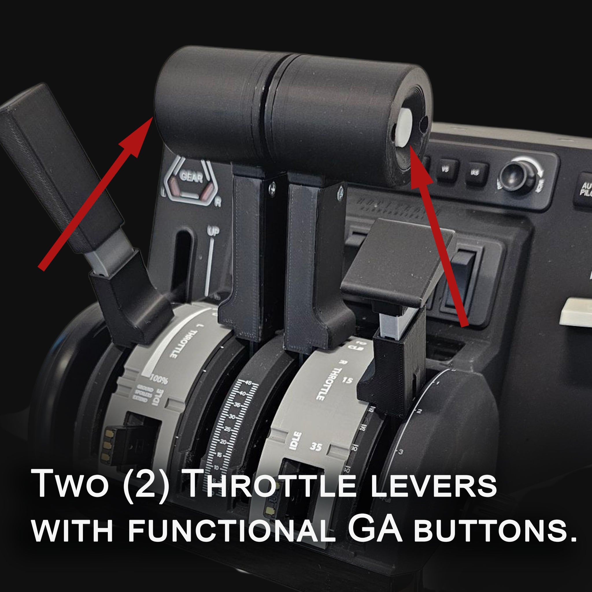 Close-up of black throttle levers in the Prodesksim Citation CJ4 V2 Addon/Mod for Honeycomb Bravo setup. Red arrows highlight functional GA buttons against a dark background, with feature details at the bottom.
