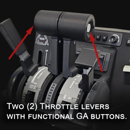 Close-up of black throttle levers in the Prodesksim Citation CJ4 V2 Addon/Mod for Honeycomb Bravo setup. Red arrows highlight functional GA buttons against a dark background, with feature details at the bottom.