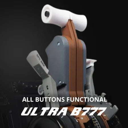 Close-up of the Prodesksim B777 Ultra Addon/Throttle Pack for Honeycomb Bravo with “SPD BRK” label and two white levers. Text reads: “ALL BUTTONS FUNCTIONAL ProdeskSim B777 Ultra Addon” in bold.